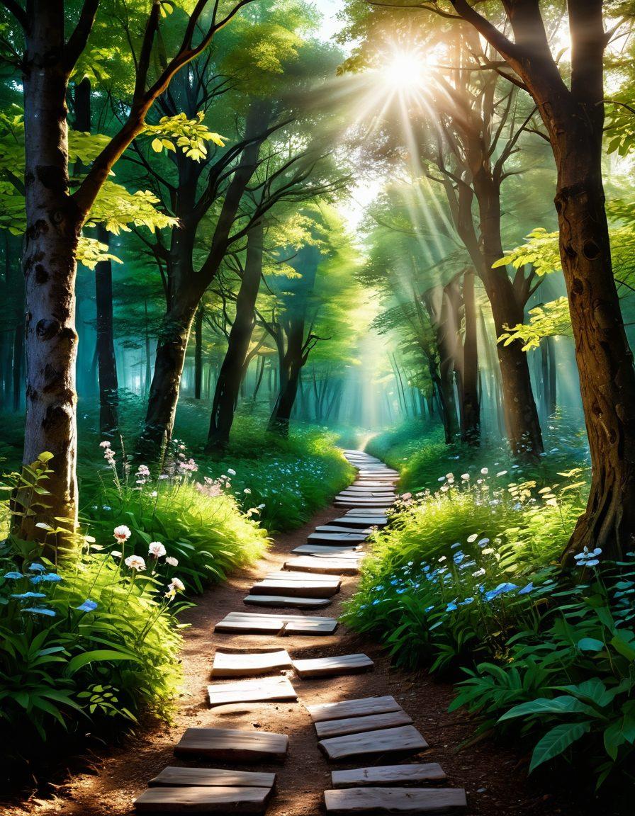 A serene path winding through a vibrant forest, symbolizing personal growth and fulfillment. Along the path, various symbols of growth like blossoming flowers, a guiding compass, and inspirational quotes hanging from trees. The sunlight filters through the leaves, creating a warm and inviting atmosphere. A peaceful figure walks along the path, embodying determination and serenity. super-realistic. vibrant colors. soft lighting.