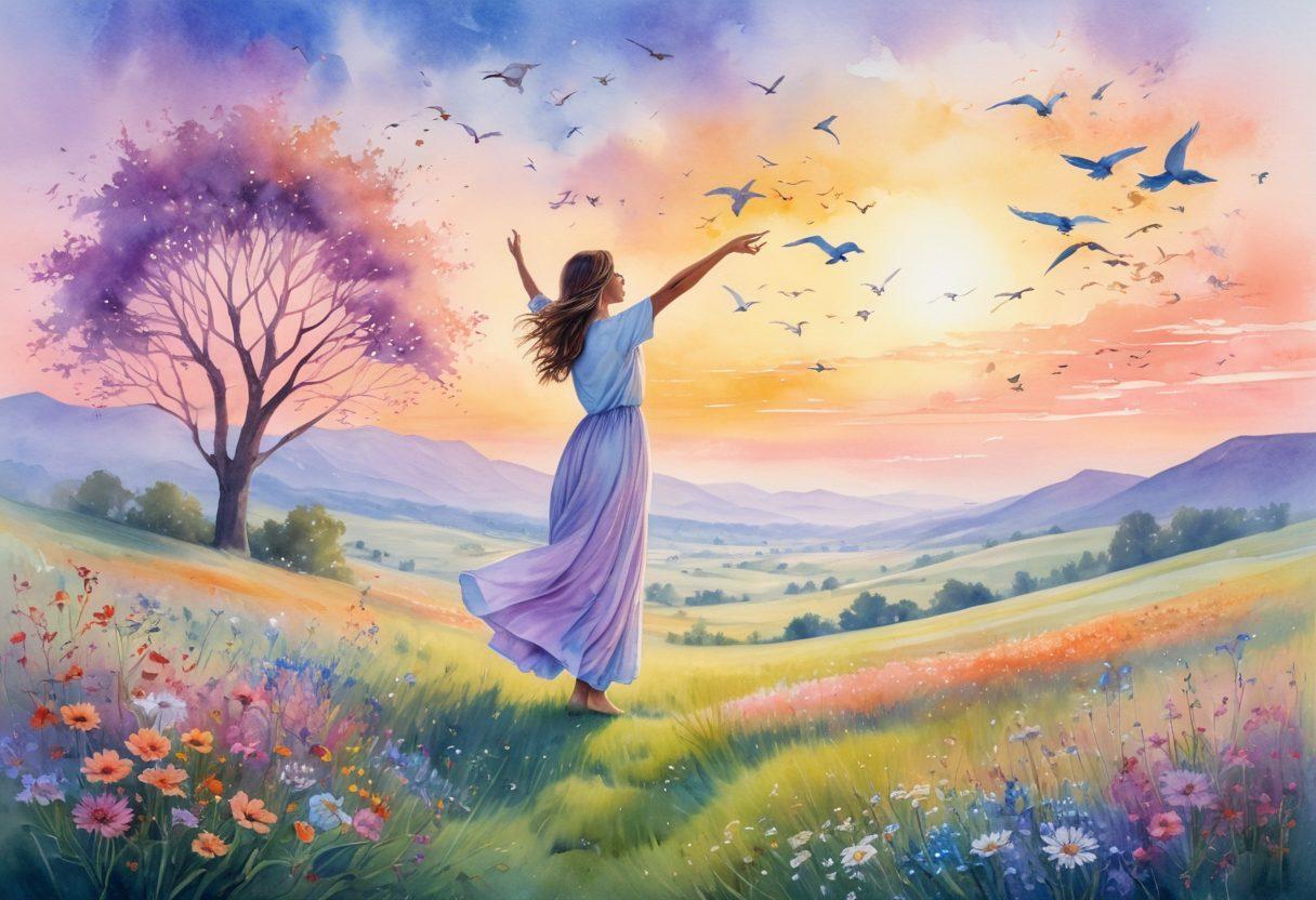 A serene landscape featuring a sunlit meadow filled with blooming wildflowers, a figure in a meditative pose surrounded by soft pastel colors, and birds representing freedom soaring above. The backdrop includes a soft gradient sky transitioning from dawn to daylight, symbolizing new beginnings. Emphasize feelings of peace, gratitude, and emotional wellness. watercolor painting. vibrant colors.